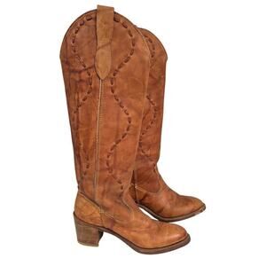 Acme Vintage Brown/Tan Leather Cowgirl Boots Sz 4 1/2 Knee High Top Stitching